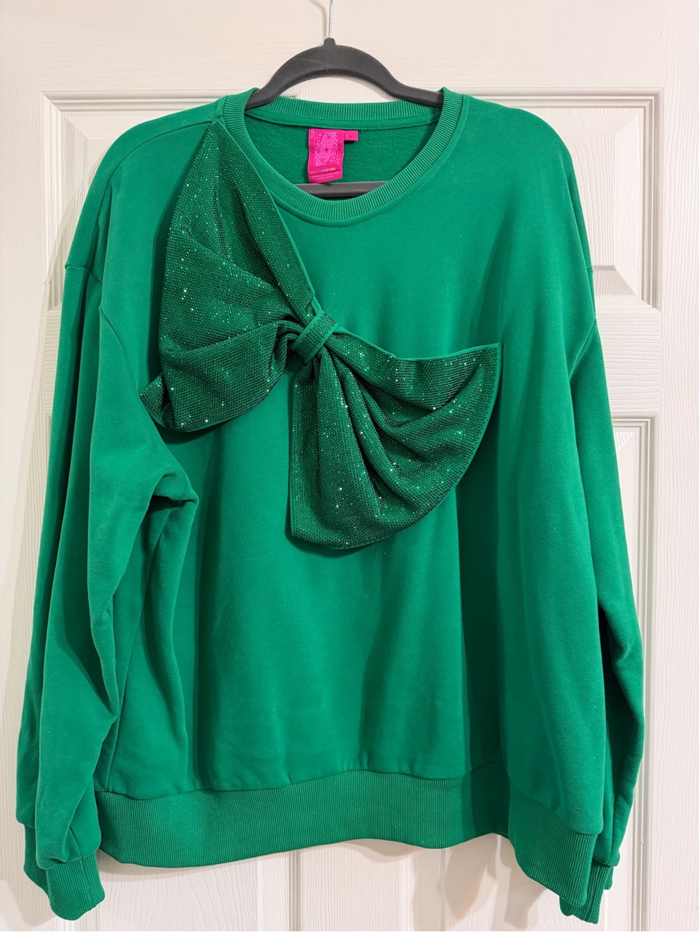 QUEEN OF SPARKLES Emerald Green Crewneck Sweater with Sparkle Bow